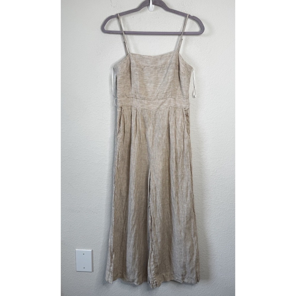 J.Crew 100% Linen Striped Wide Leg Jumpsuit Womens 2 Beige Coastal Beachy Preppy
